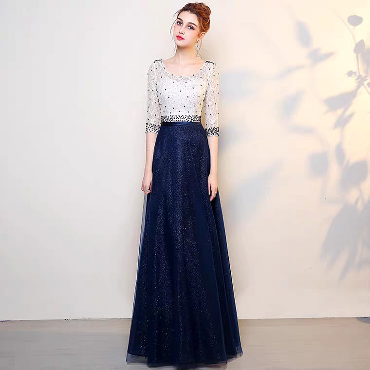 The Tabitha White Navy Blue Long Sleeves Gown