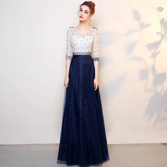 The Tabitha White Navy Blue Long Sleeves Gown