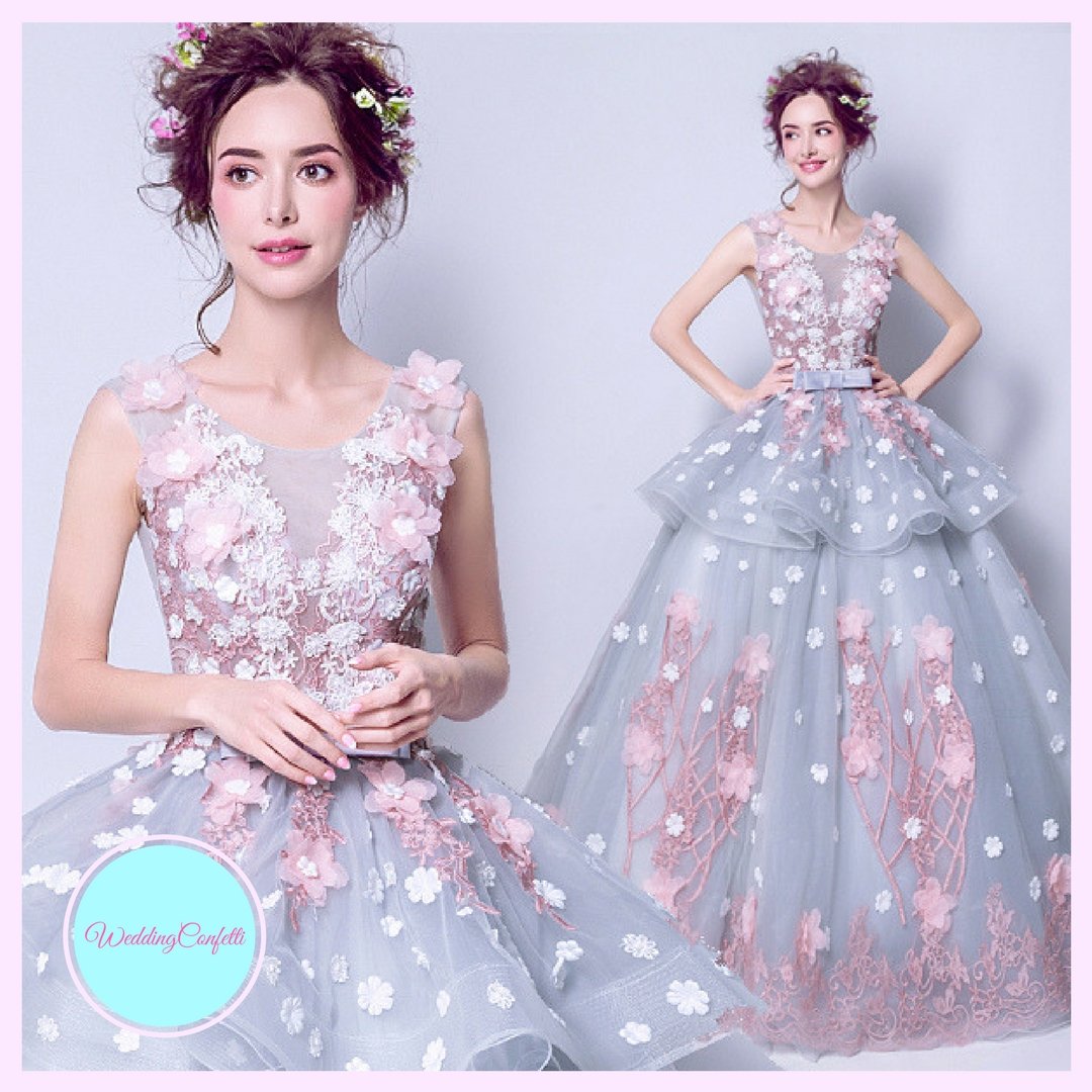 The Fleurenda Pink and Grey Flare Sleeves Gown