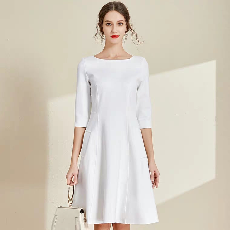The Lisa Off White Short/Long Sleeves Round Neck Dress