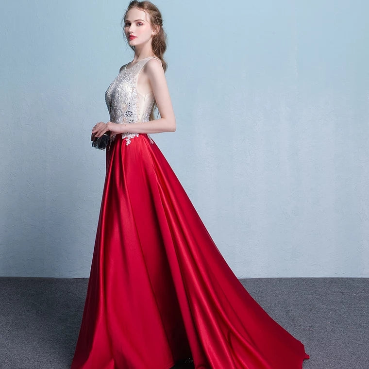 The Listel Red White Sleeveless Satin Gown