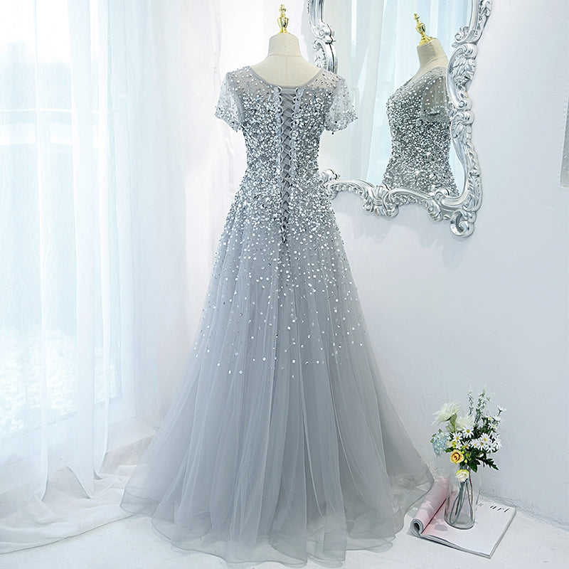 The Laurent Grey Short Sleeves Glitter Gown