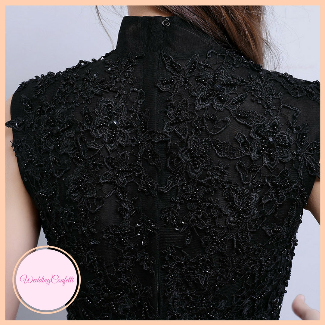 The Rosemary Mandarin Collar Cheongsam Ombre Black Lace Gown
