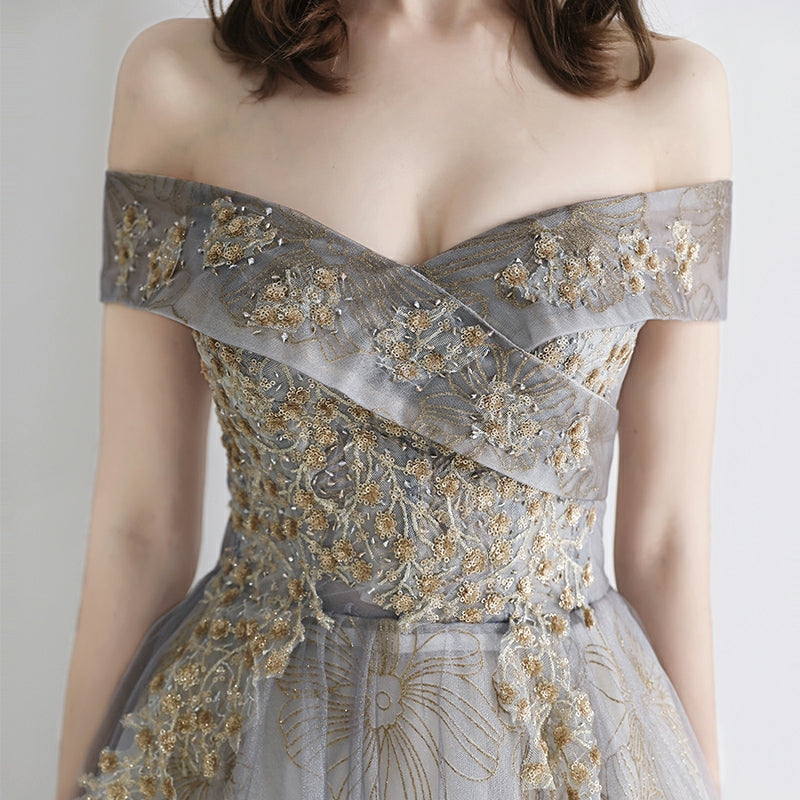 The Ursula Off Shoulder Grey / Red Gown