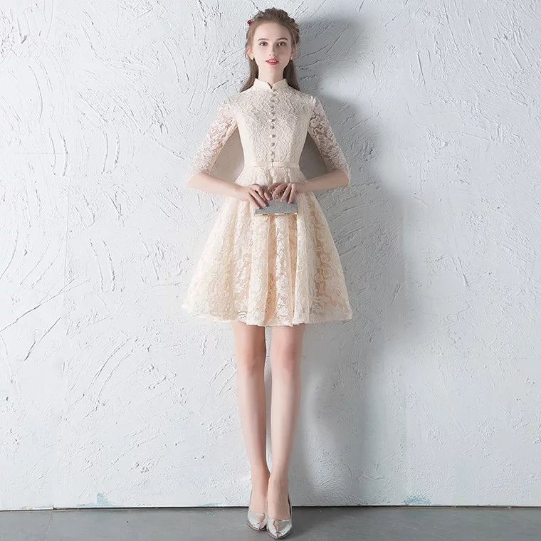 The Penelope Mandarin Collar Cheongsam Champagne Short Dress