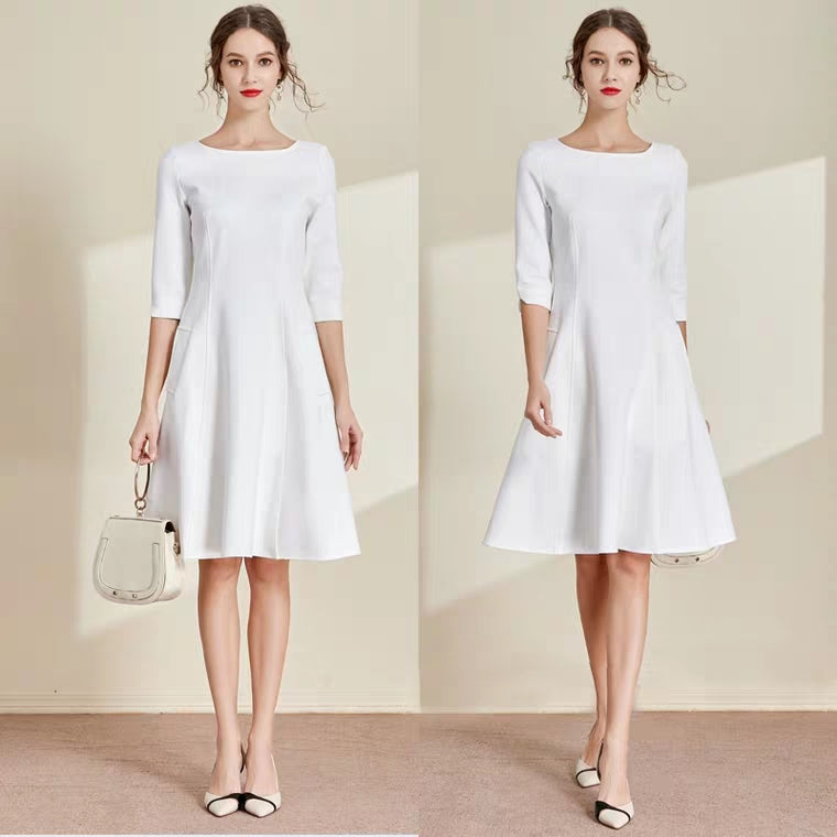 The Lisa Off White Short/Long Sleeves Round Neck Dress