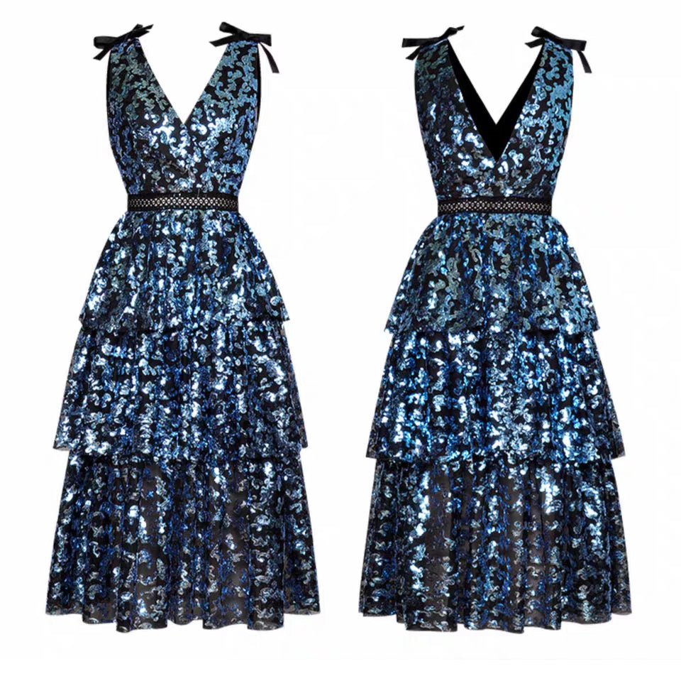 The Makayla Sequined Blue Sleeveless Gown