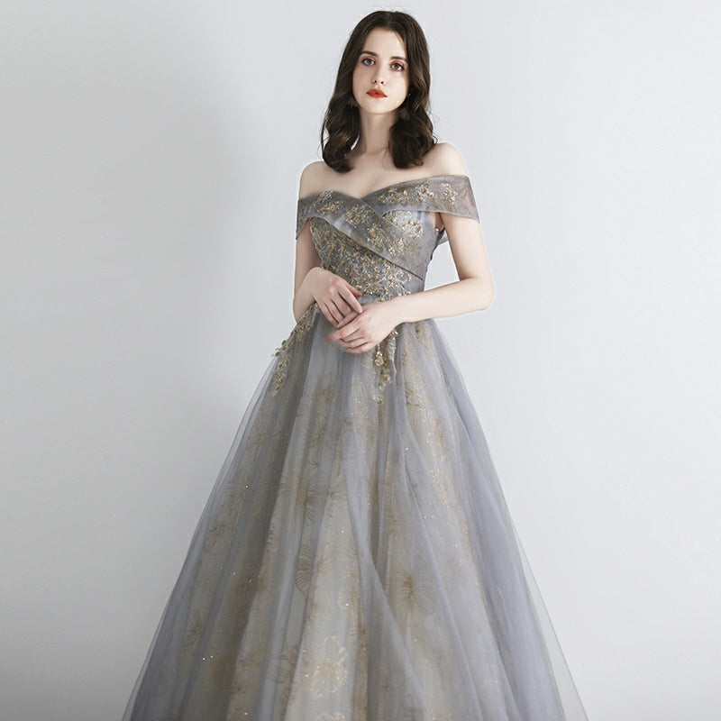 The Ursula Off Shoulder Grey / Red Gown