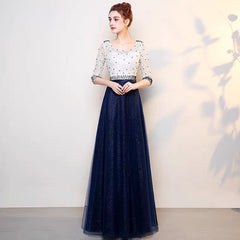 The Tabitha White Navy Blue Long Sleeves Gown