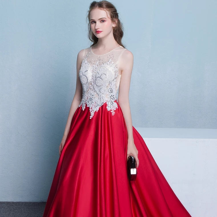 The Listel Red White Sleeveless Satin Gown