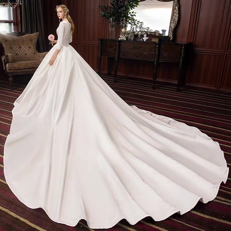 The Pristine Wedding Bridal Satin Long Sleeves Gown