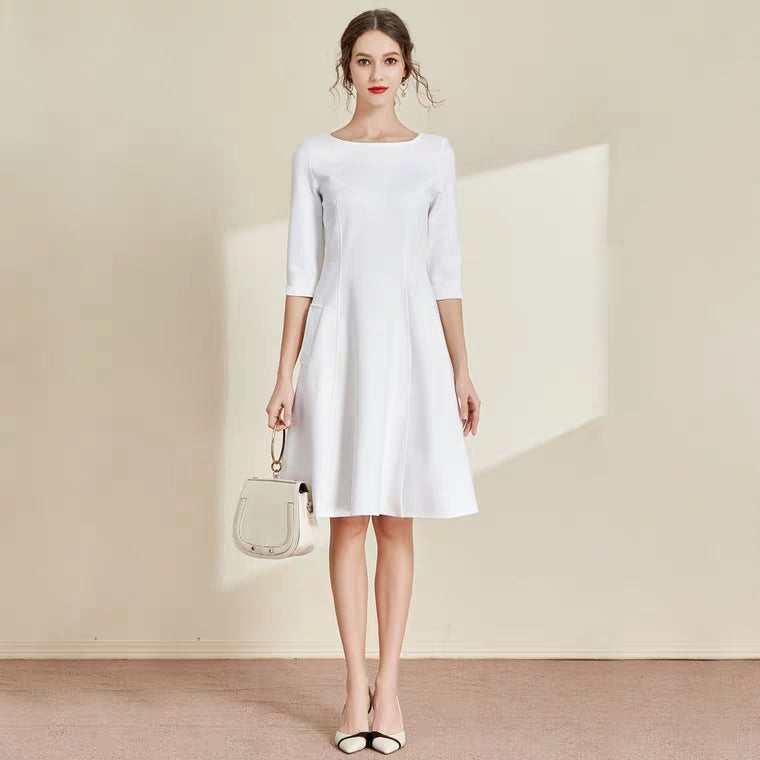The Lisa Off White Short/Long Sleeves Round Neck Dress