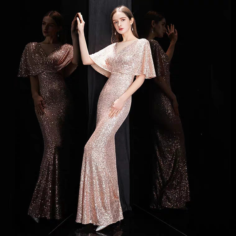 The Rayna Gold Sequined Draped Sleeves Gown (Available in 2 colours)
