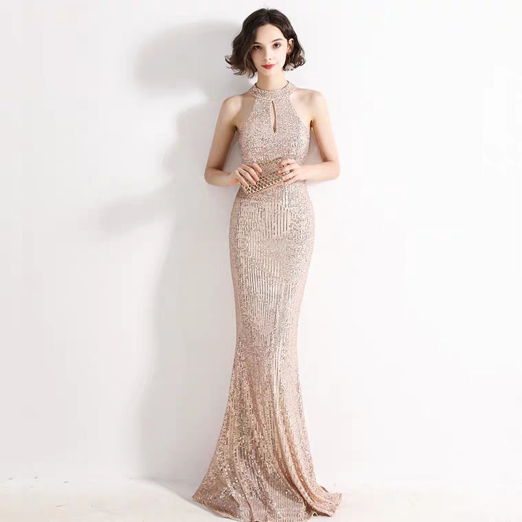 The Lilian Wine Red Sequined Halter Gown (Available in 2 colours)