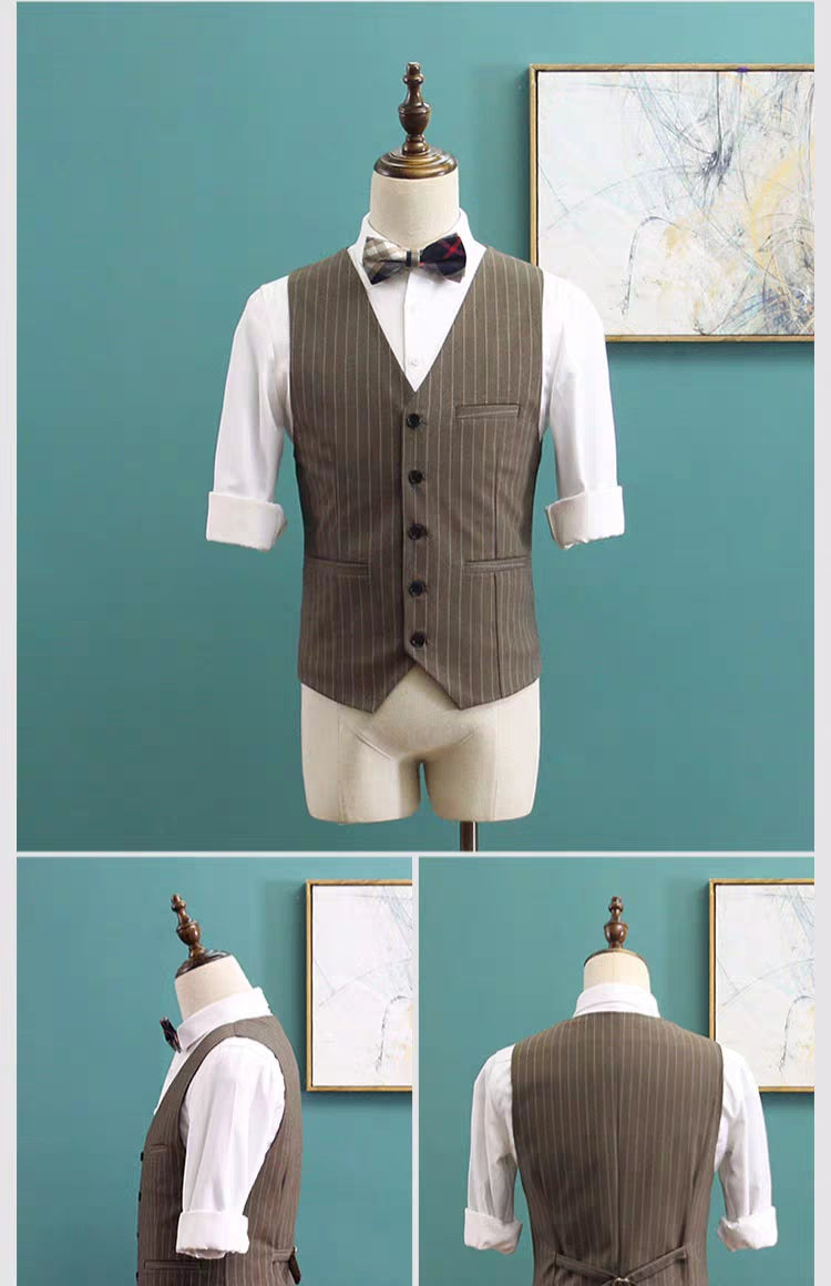 Caden Groom Men's Striped Brown / Grey / Black Suit Jacket, Vest and Pants (3 Piece)