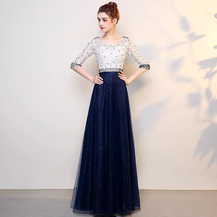 The Tabitha White Navy Blue Long Sleeves Gown