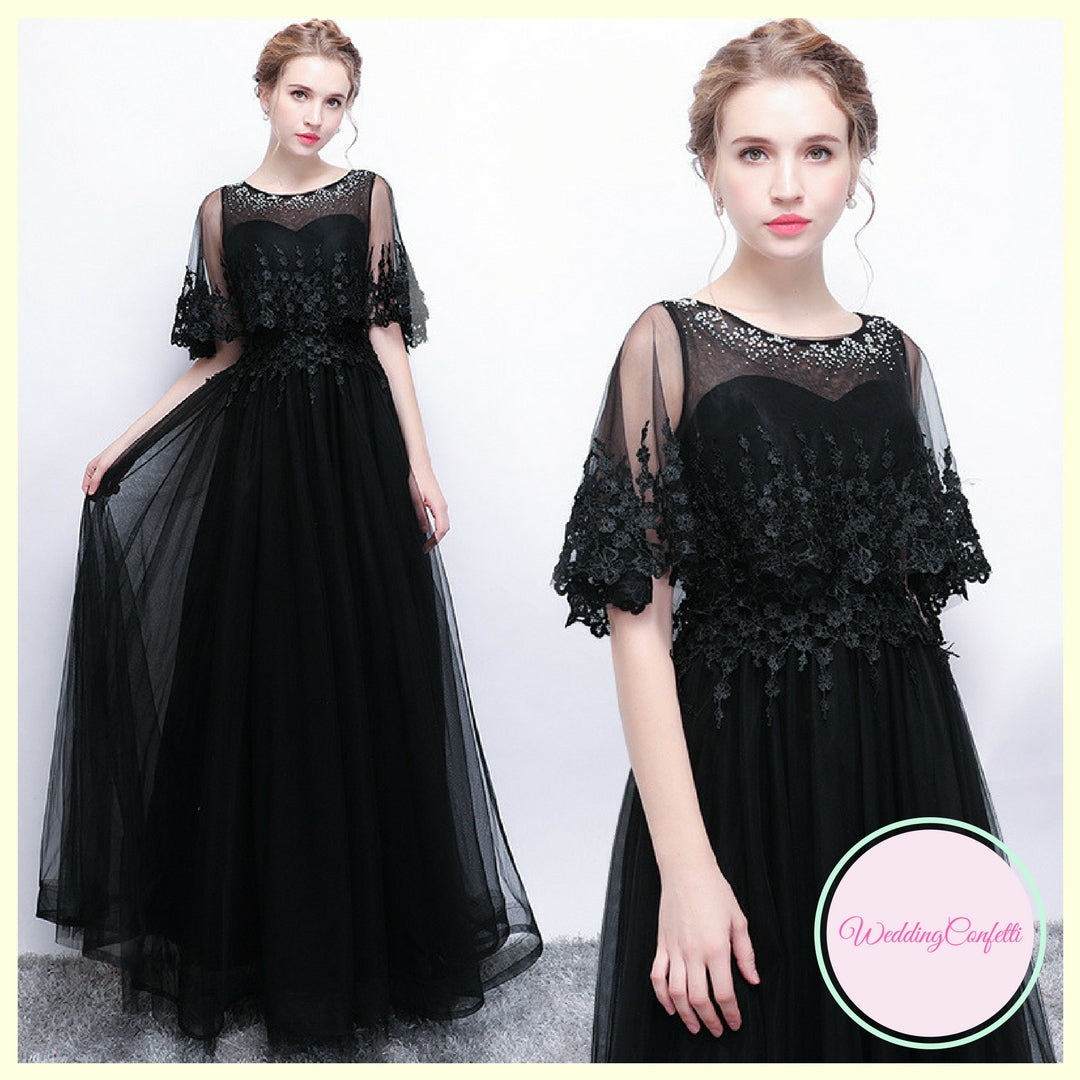 The Cecily Lace Black Illusion Sleeves Gown