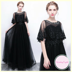 The Cecily Lace Black Illusion Sleeves Gown