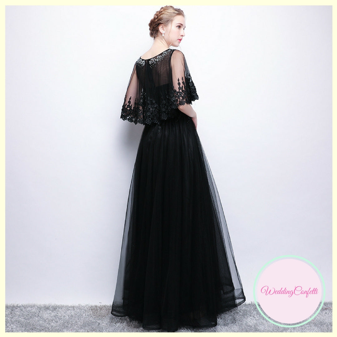 The Cecily Lace Black Illusion Sleeves Gown