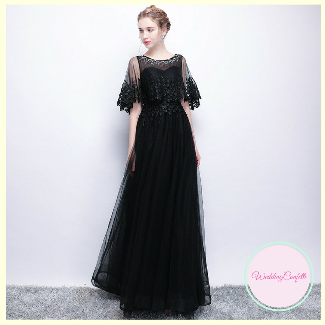 The Cecily Lace Black Illusion Sleeves Gown