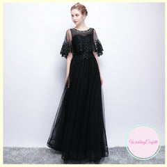 The Cecily Lace Black Illusion Sleeves Gown