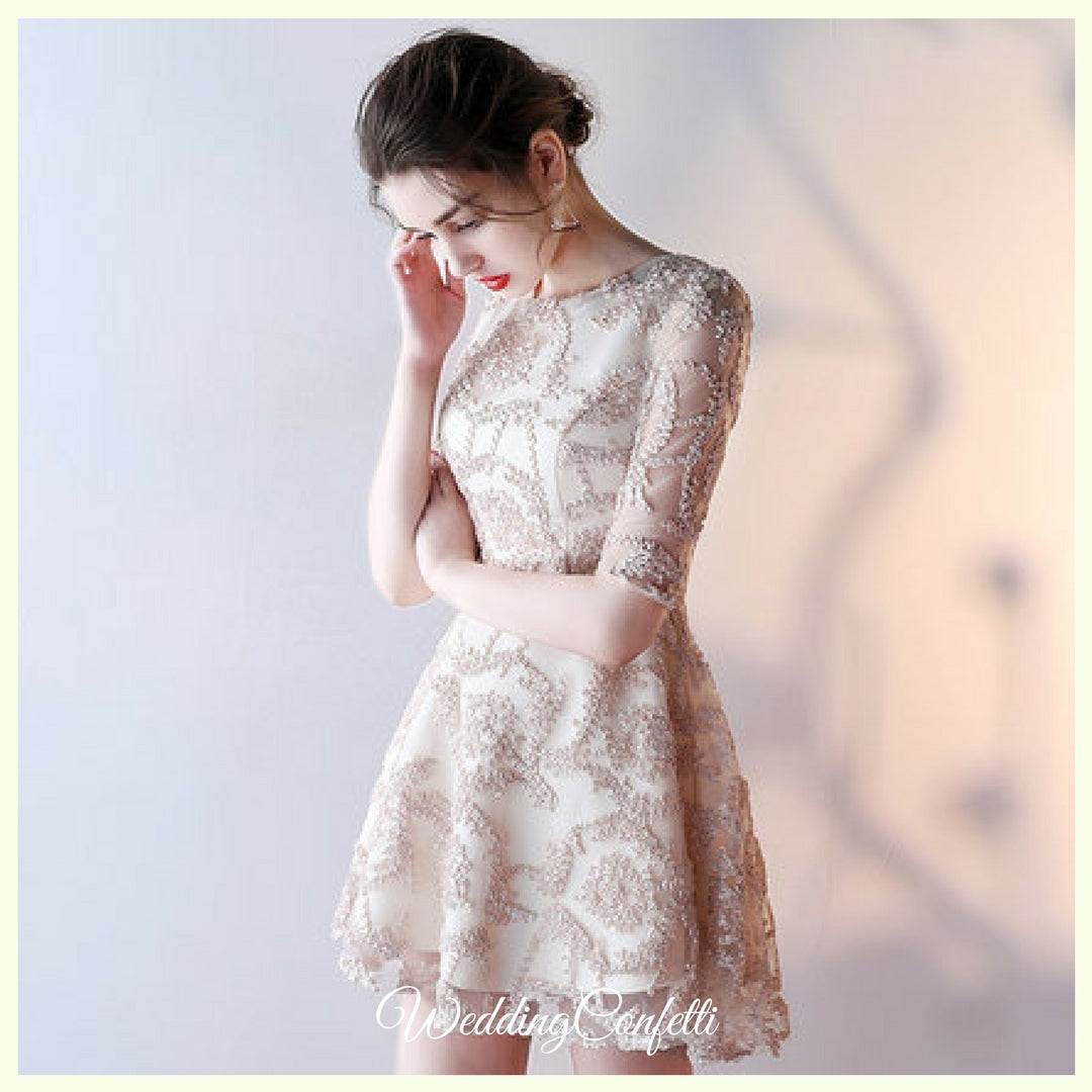 The Tisha Gold Lace Tulle Long Sleeves Dress