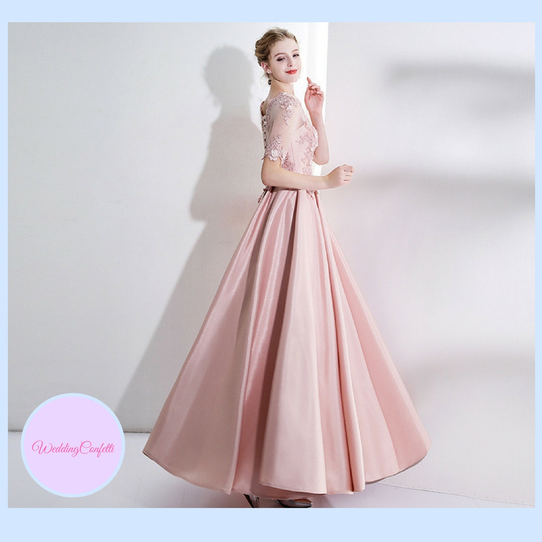 The Kadienne Pink Long Sleeves Satin Gown