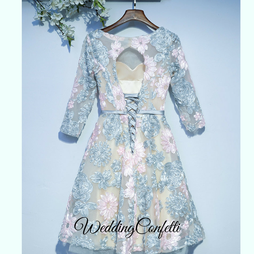 The Ophena Grey and Pink Long Sleeve Lace Dress