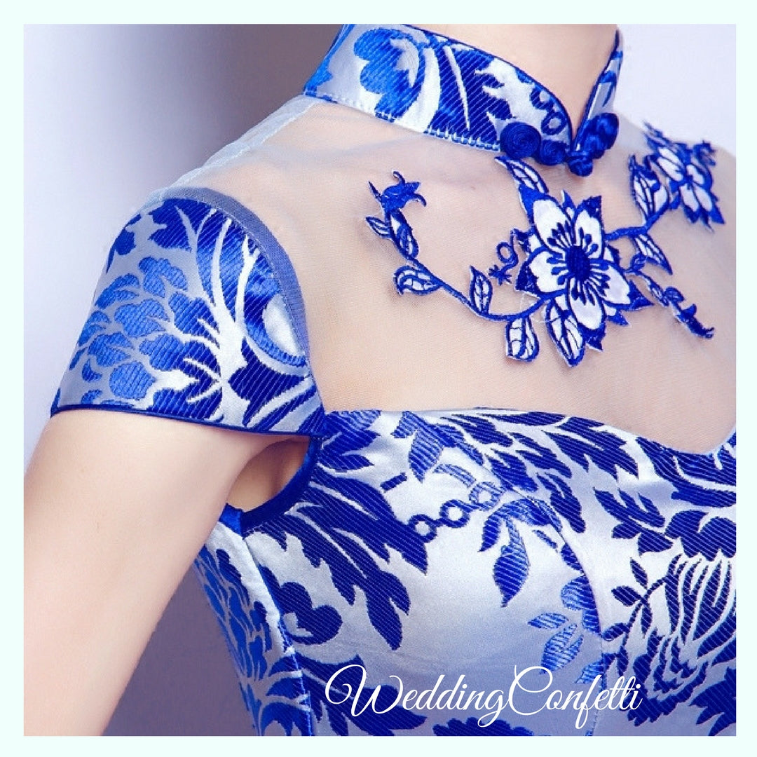 The Oriana Blue White Mandarin Collar Cheongsam Dress