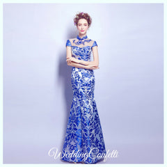 The Oriana Blue White Mandarin Collar Cheongsam Dress