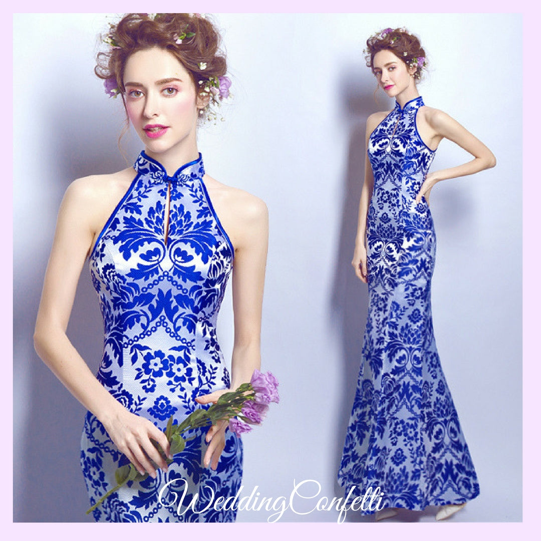 The Oriana Blue White Mandarin Collar Cheongsam Dress