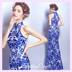 The Oriana Blue White Mandarin Collar Cheongsam Dress