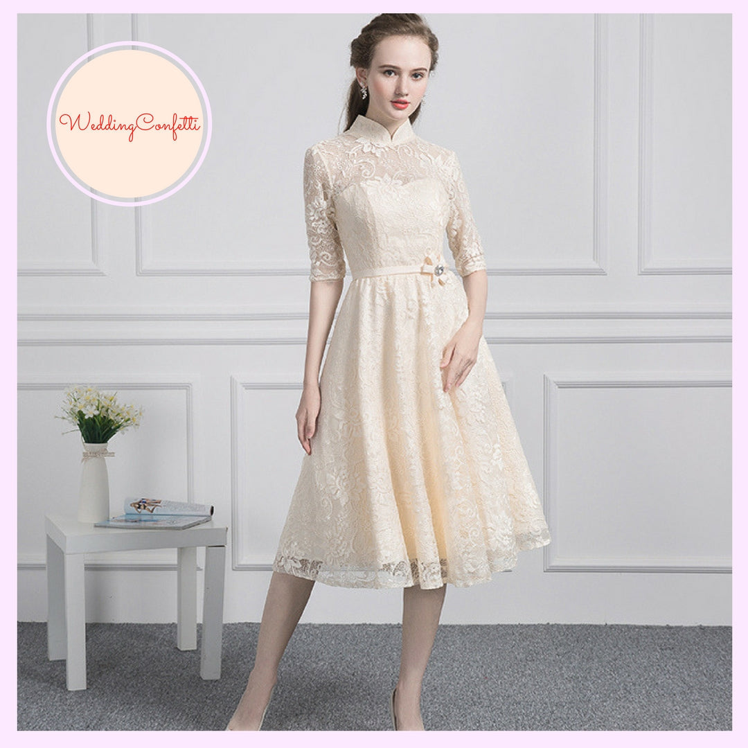 The Perina Pink / Champagne Lace Mandarin Collar Short Dress