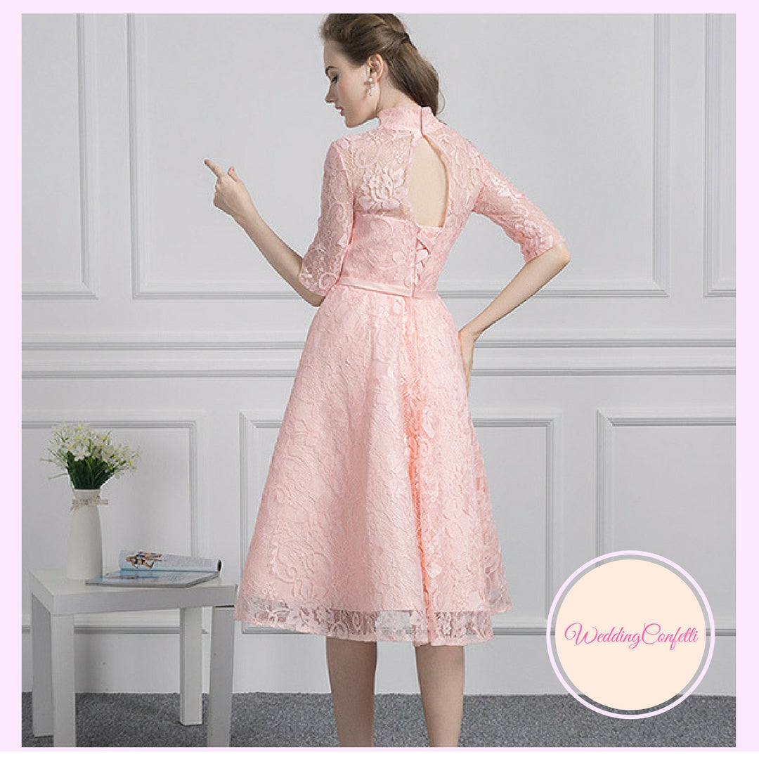 The Perina Pink / Champagne Lace Mandarin Collar Short Dress