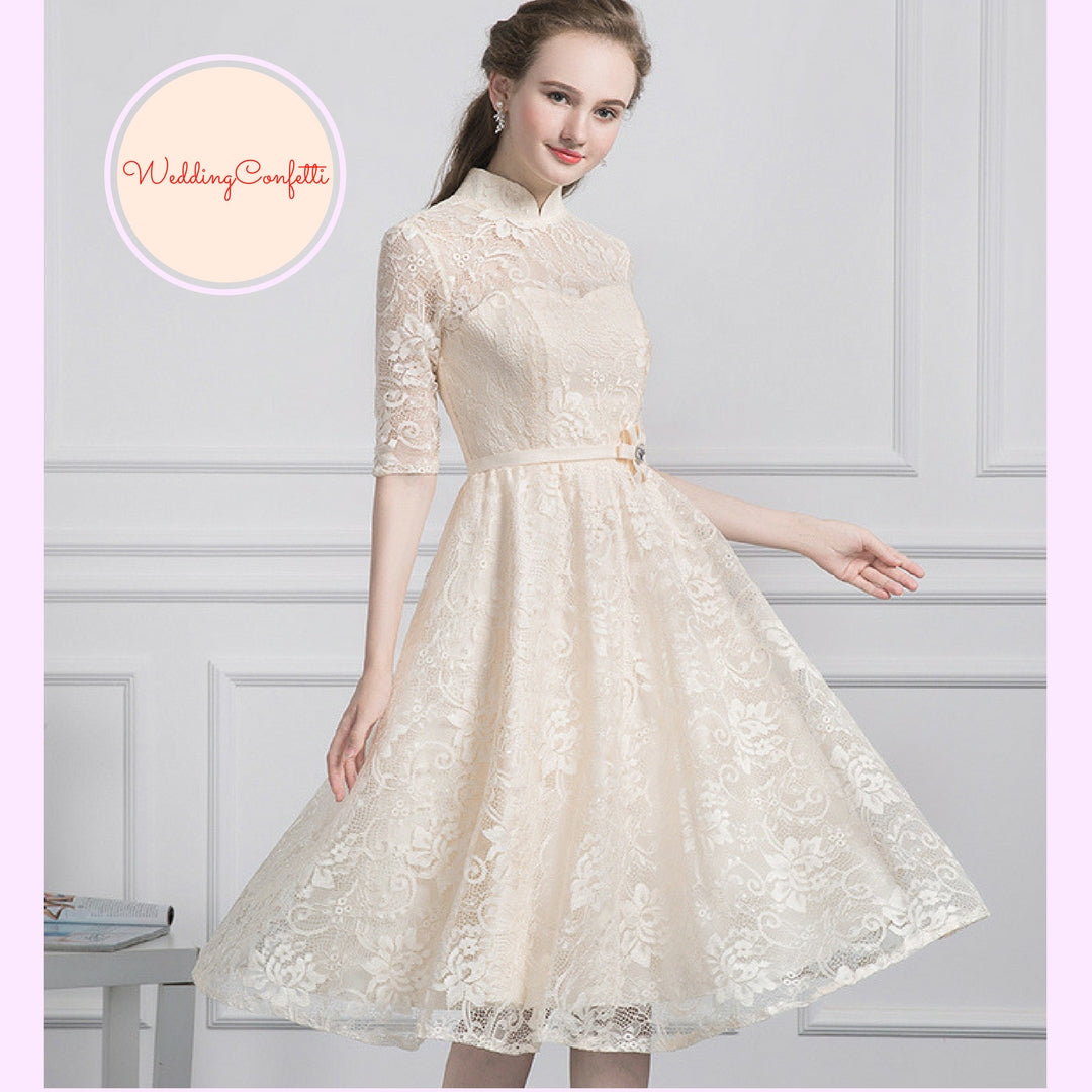 The Perina Pink / Champagne Lace Mandarin Collar Short Dress