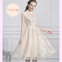 The Perina Pink / Champagne Lace Mandarin Collar Short Dress