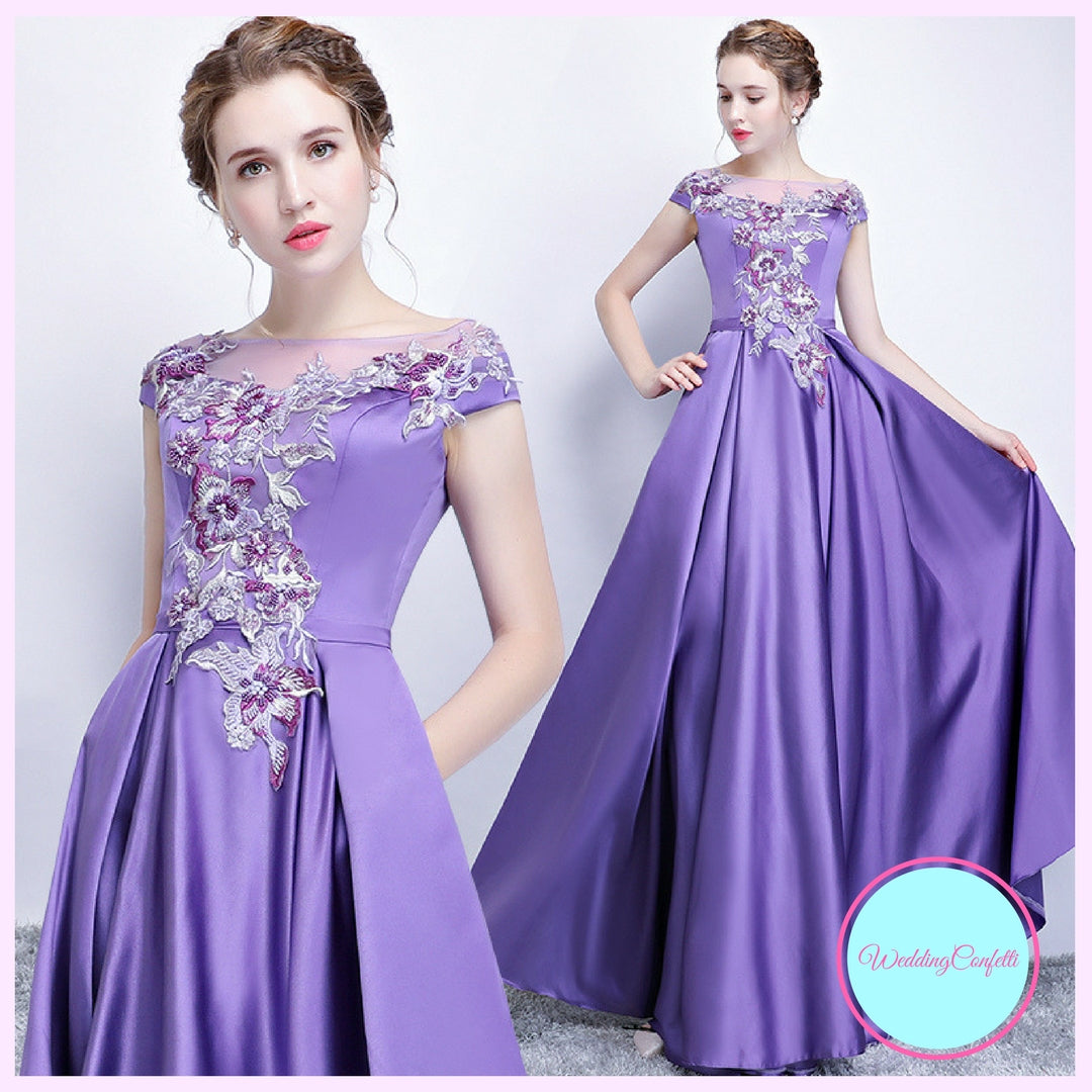 The Prunella Purple Lilac Off Shoulder Gown