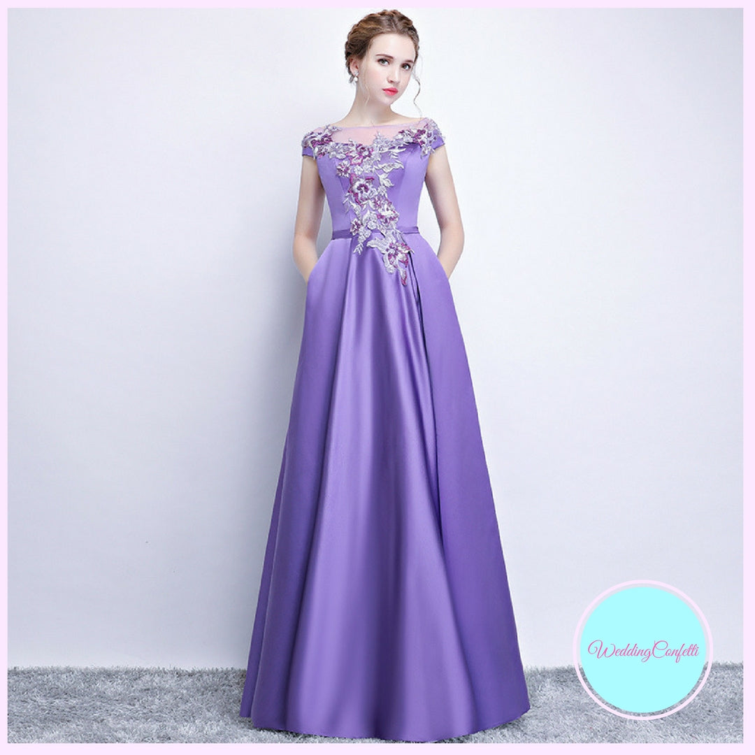 The Prunella Purple Lilac Off Shoulder Gown