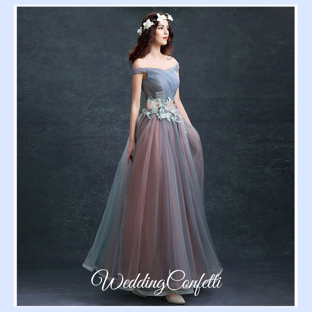 The Regalia Tulle Lace Off Shoulder Blue Gown