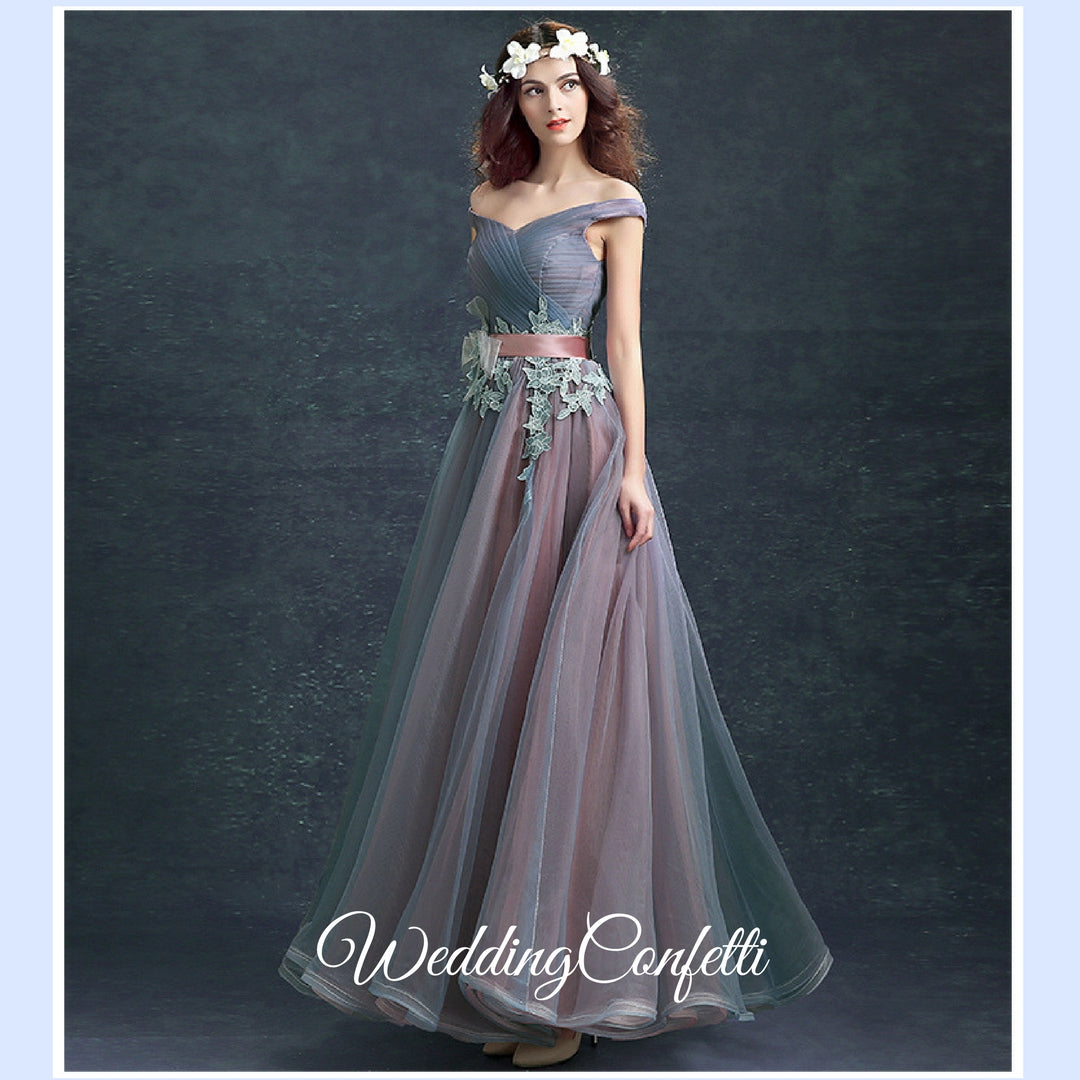 The Regalia Tulle Lace Off Shoulder Blue Gown