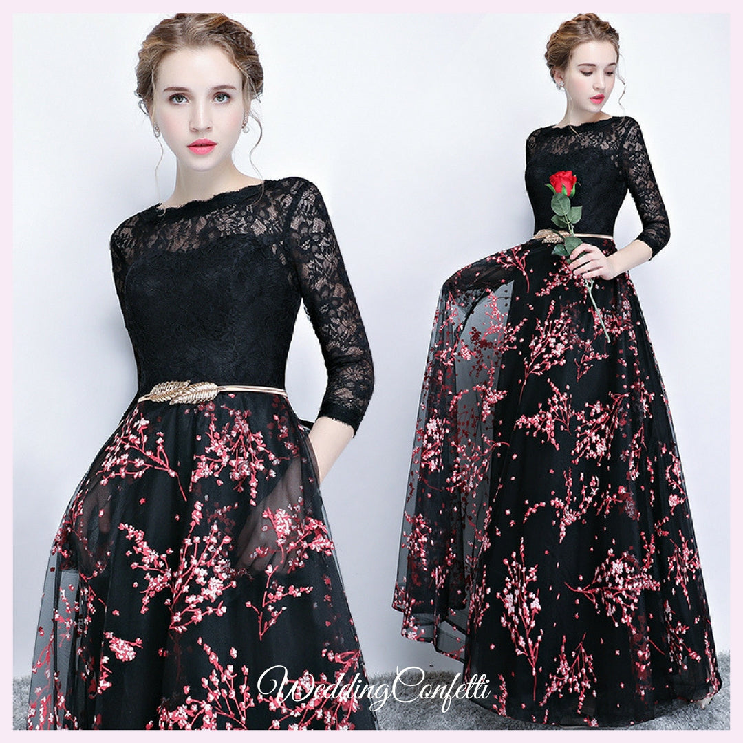 The Rozalia Floral Black Long Sleeves Gown