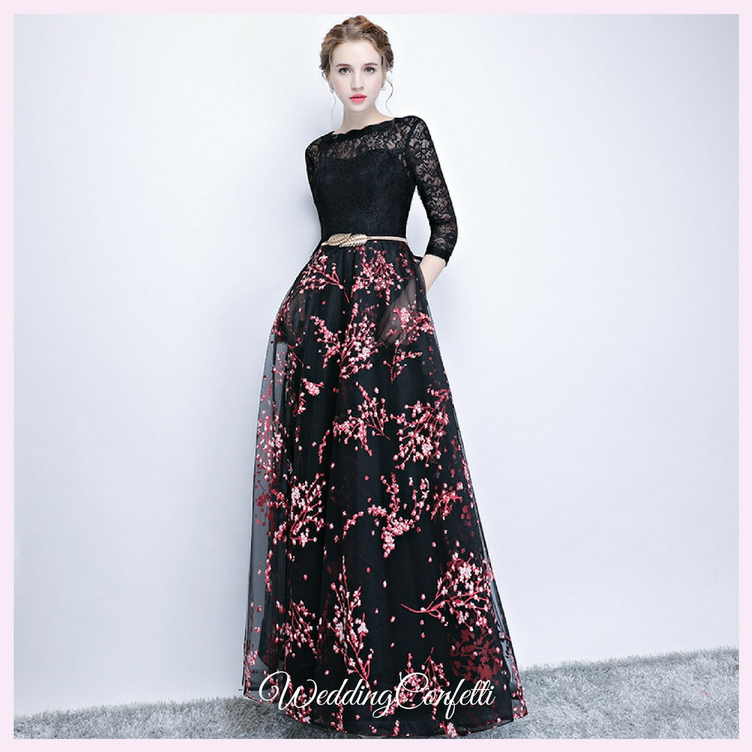 The Rozalia Floral Black Long Sleeves Gown