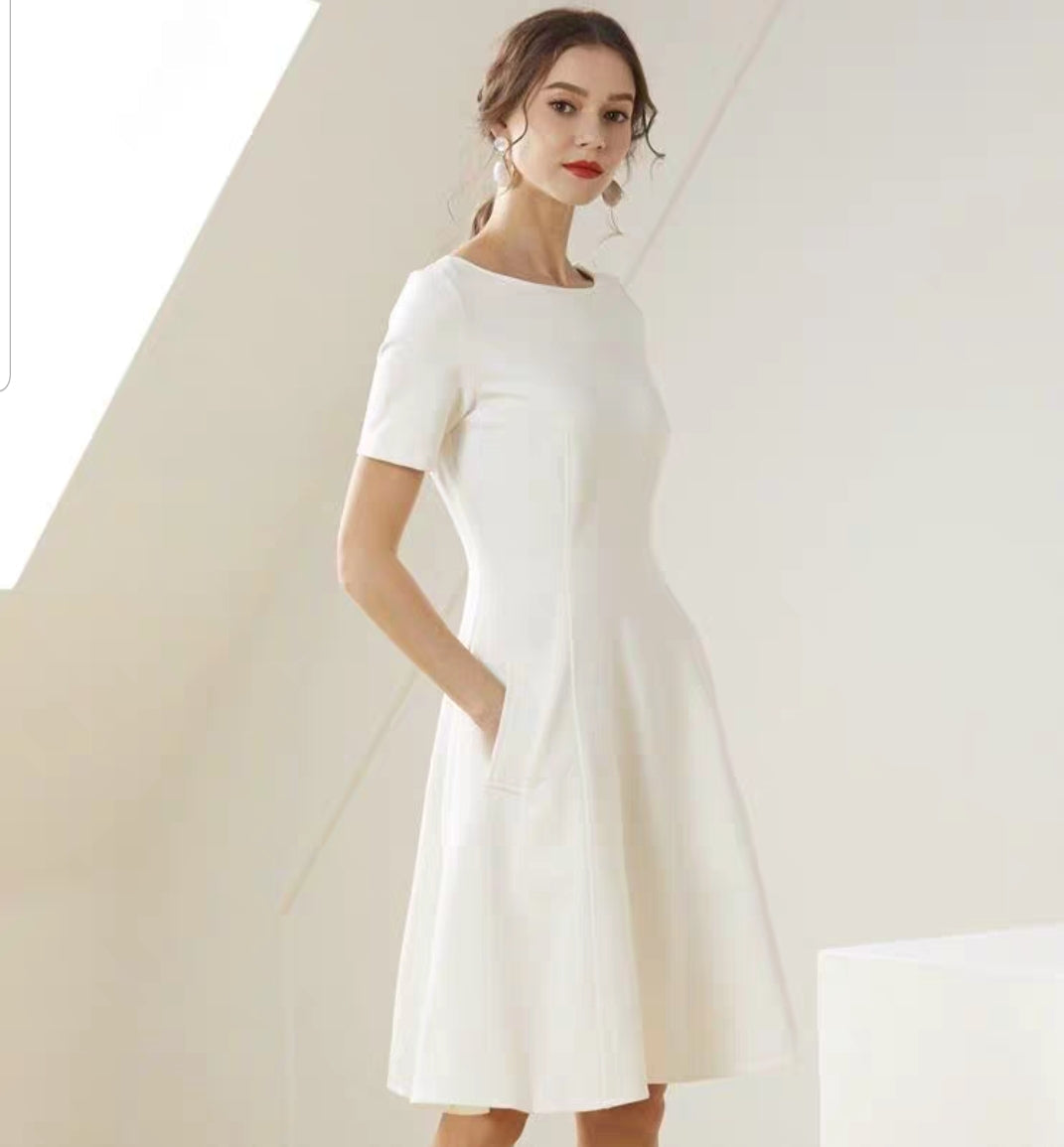 The Lisa Off White Short/Long Sleeves Round Neck Dress