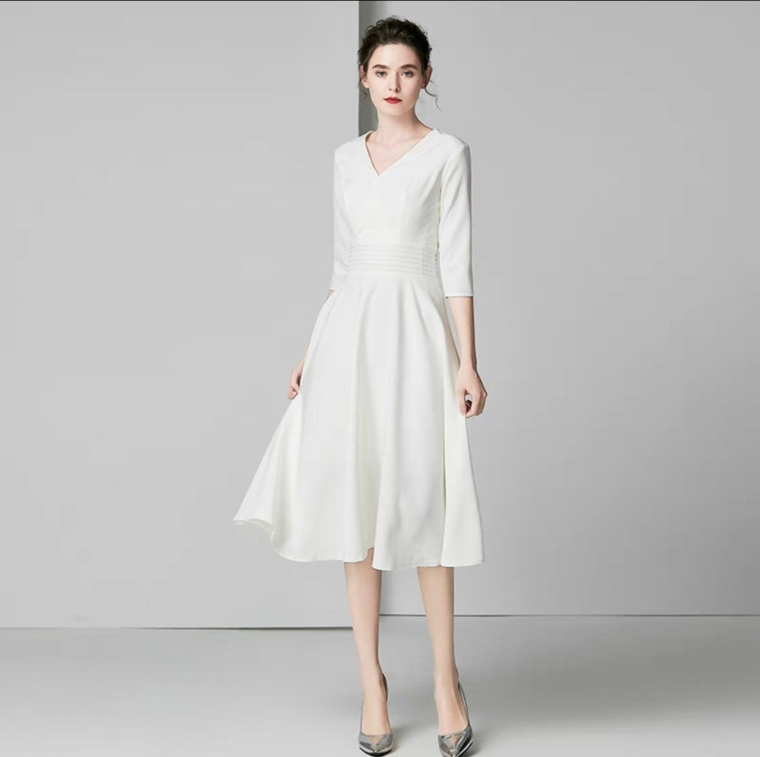 The Chantel Long/Mid Sleeves White Midi Dress