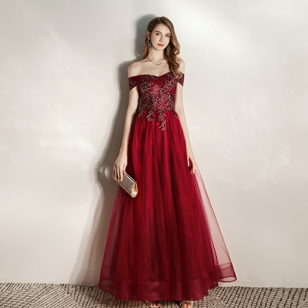 The Ursula Off Shoulder Grey / Red Gown