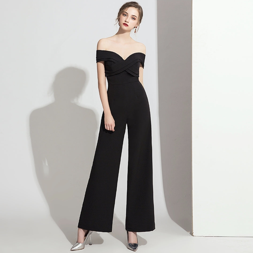The Terri Off White/Black Off Shoulder Jumpsuit