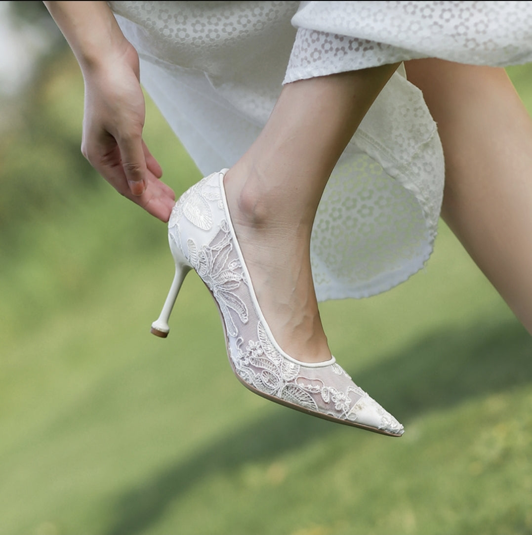 The Leila Wedding Lace White Heels