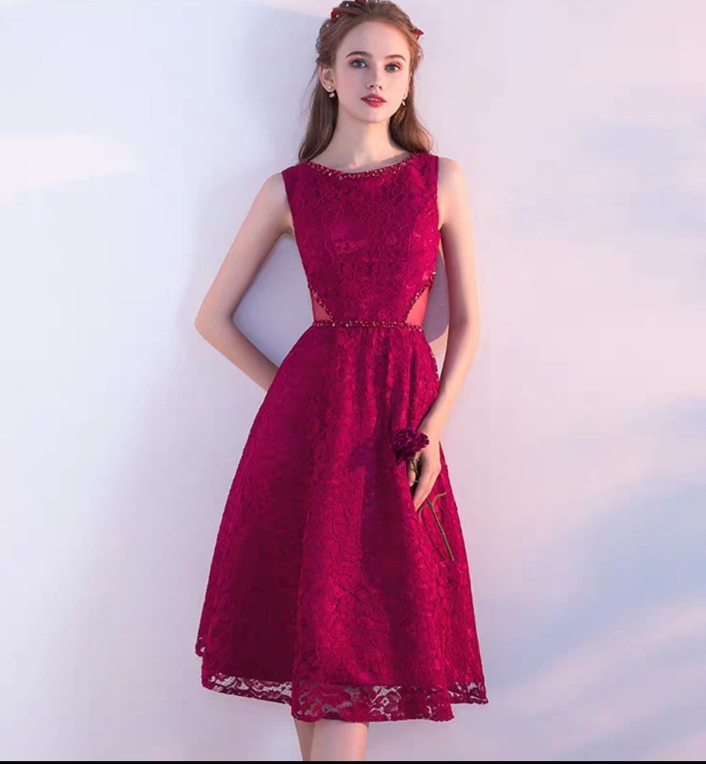 The Eugenia Red / Grey Sleeveless Short Midi Cocktail Dress