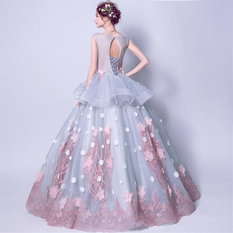 The Fleurenda Pink and Grey Flare Sleeves Gown