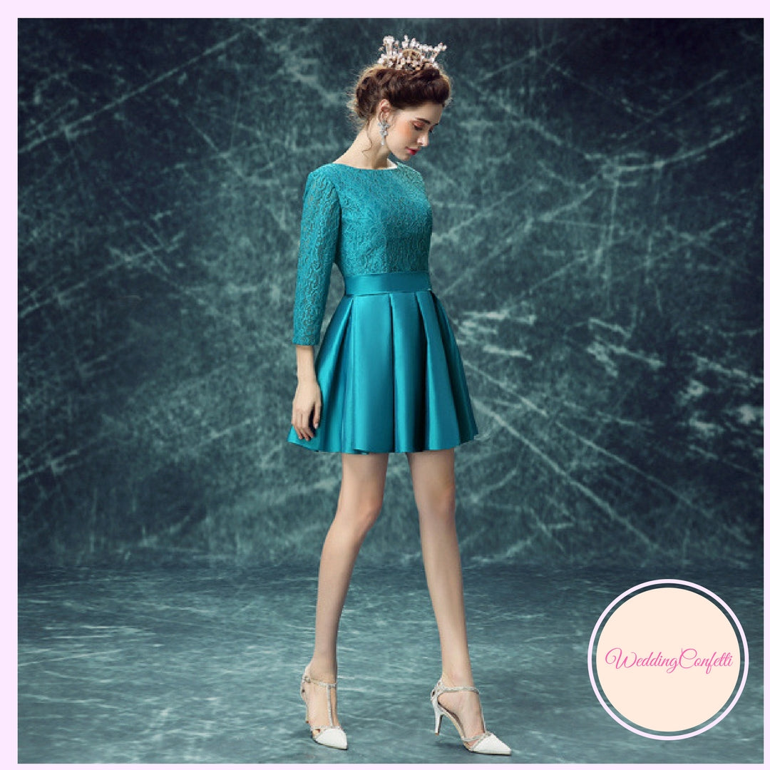 The Tessa Wedding Bridal Teal Long Sleeves Short Dress